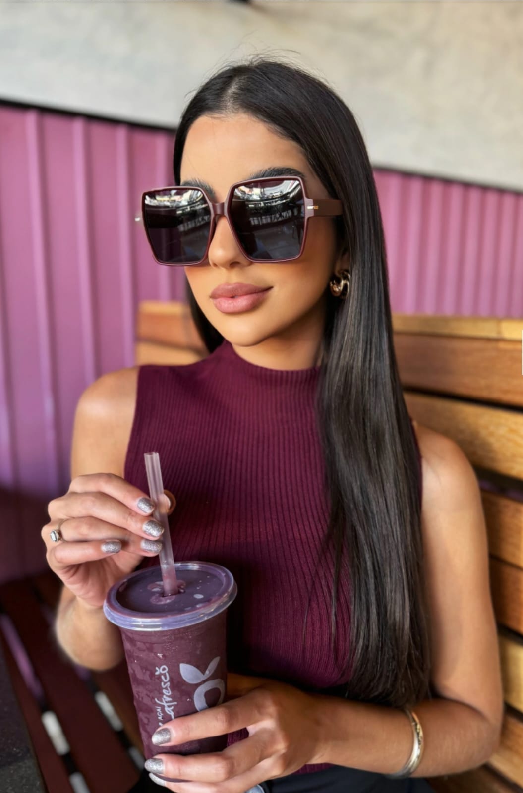 2. Óculos de Sol Polarizado Maxi Quadrado Derika - Preto/Vinho - Acetato (código. 0049)